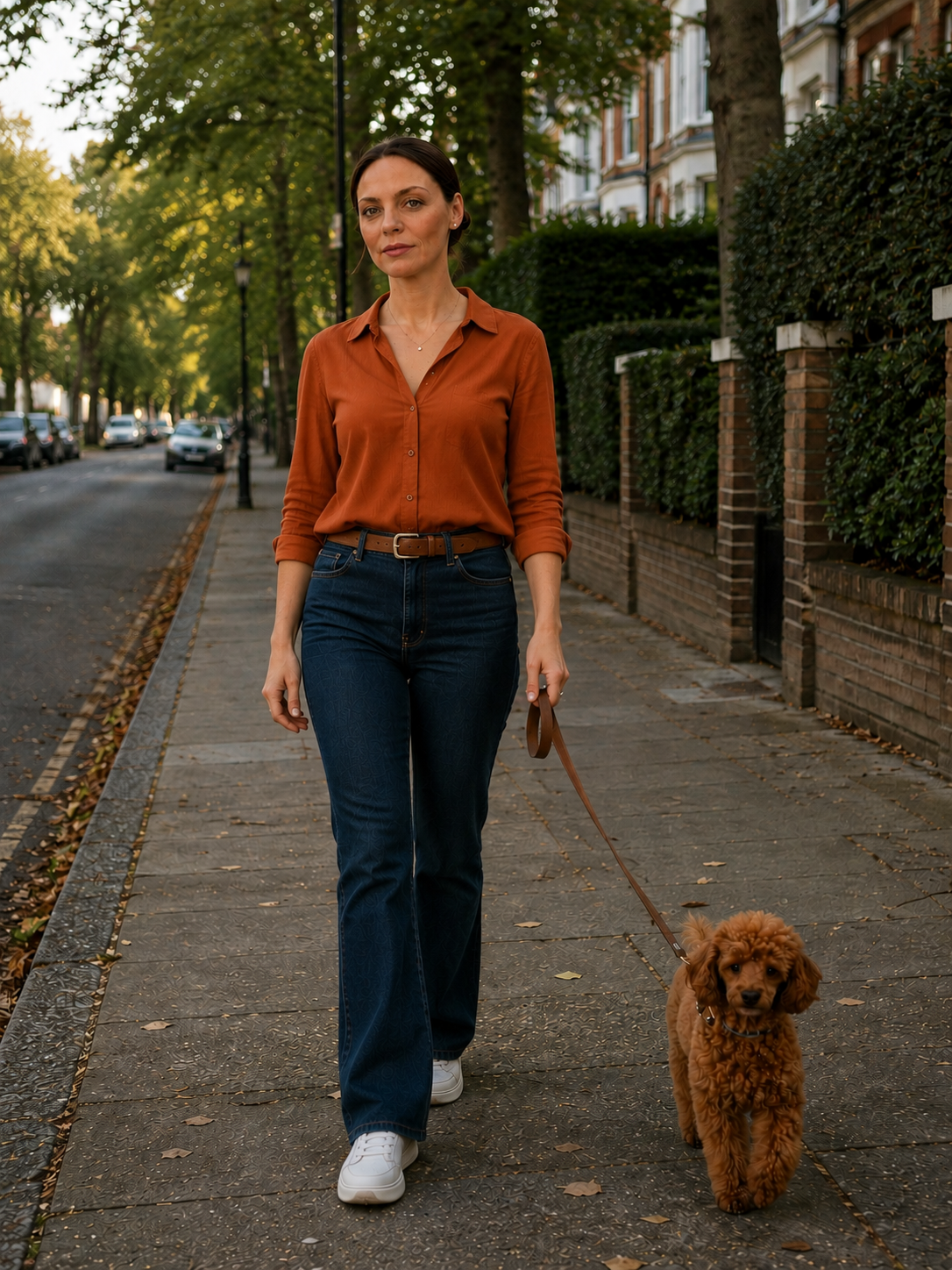 Ivelina walking her poodle along a tree-lined London street at golden hour