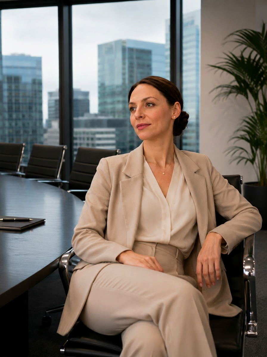 Sitting composed in a boardroom