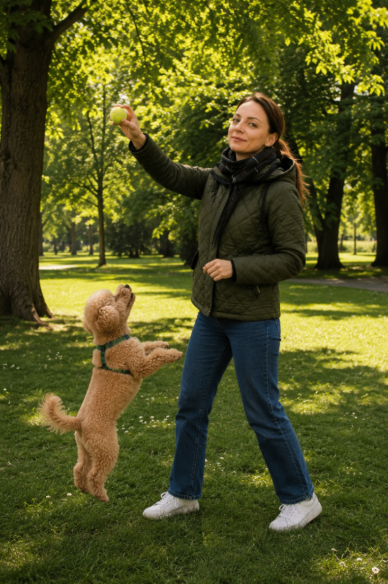 Ivelina playing fetch with her dog in a park