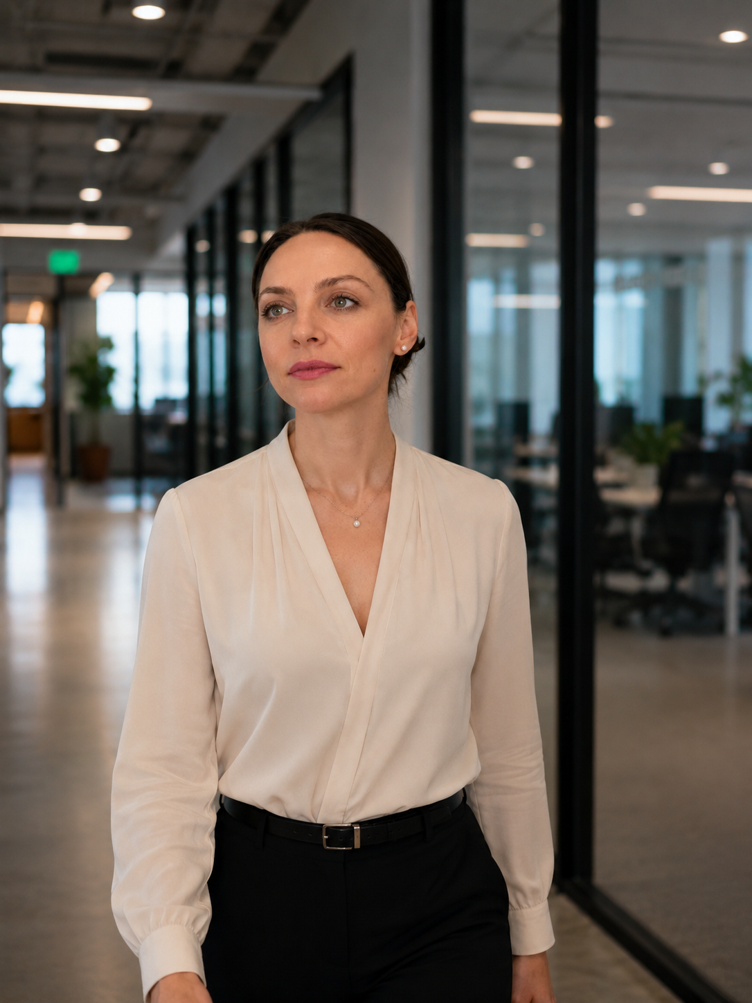 Walking down a glass office corridor