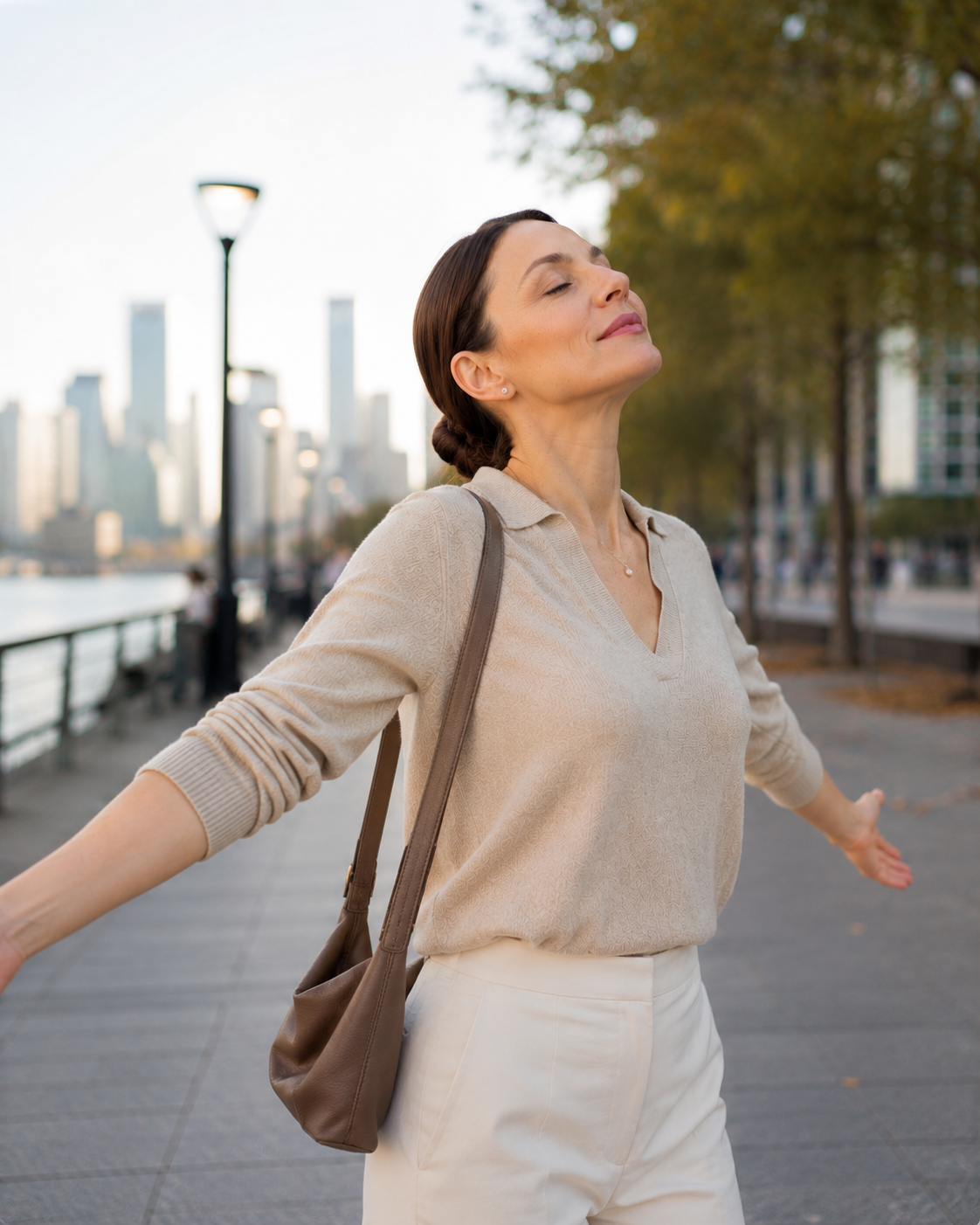 Ivelina by the riverside with her arms open, taking in a deep breath