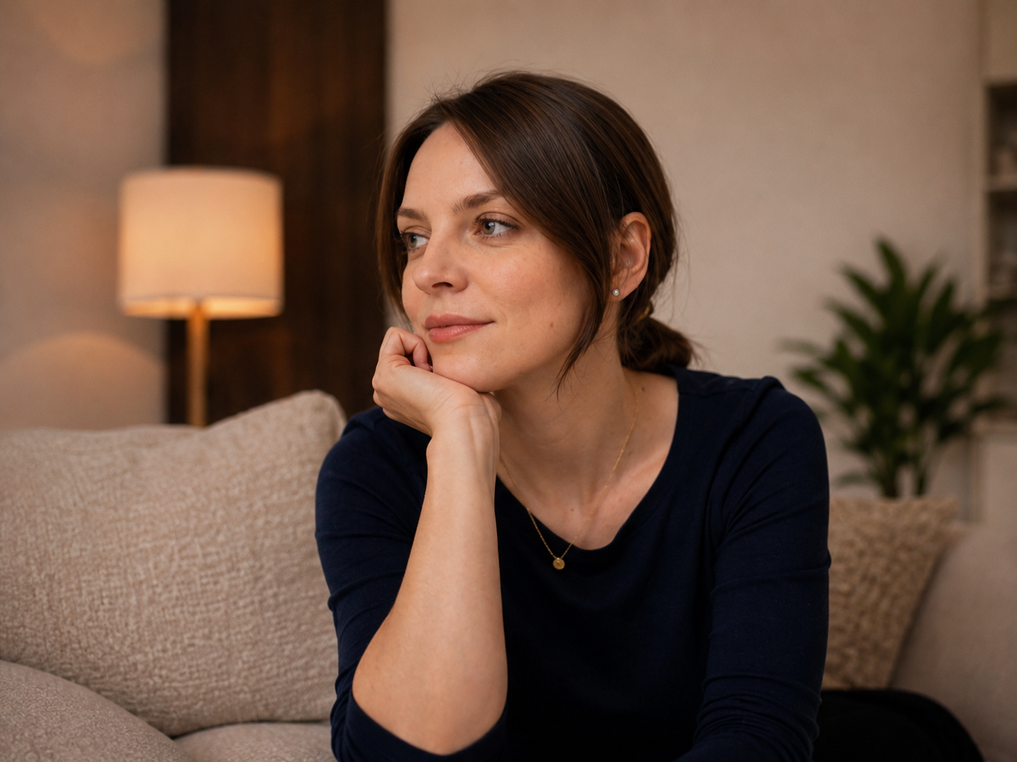 Ivelina sitting thoughtfully on a sofa at home