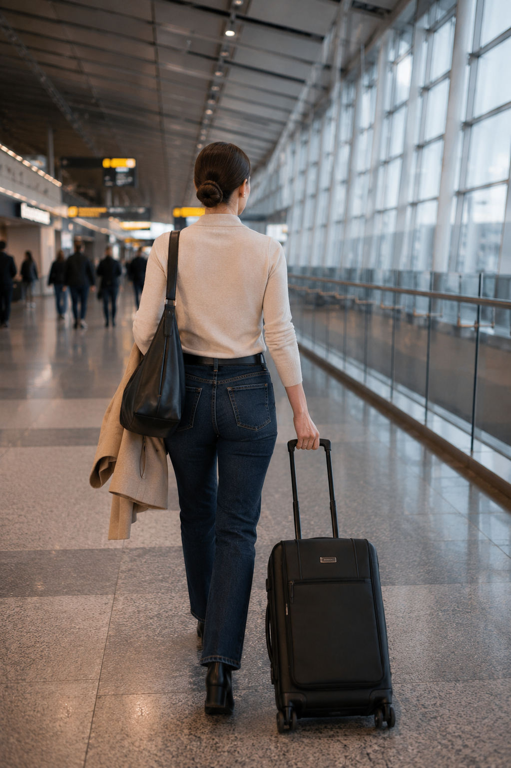 Walking through an airport terminal with a suitcase