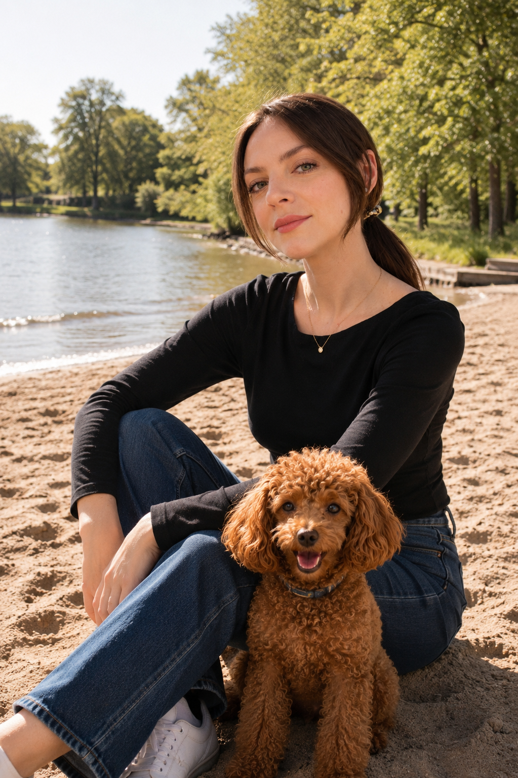 Ivelina sitting with her dog on a sandy beach