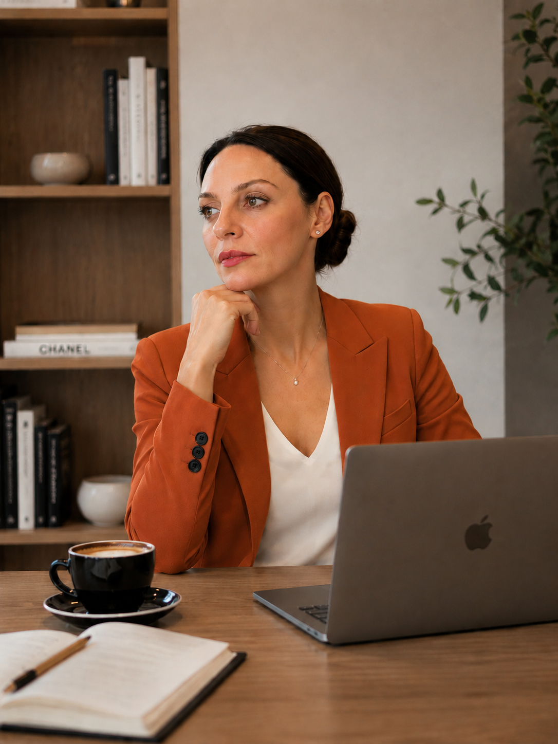 At a desk with laptop and coffee