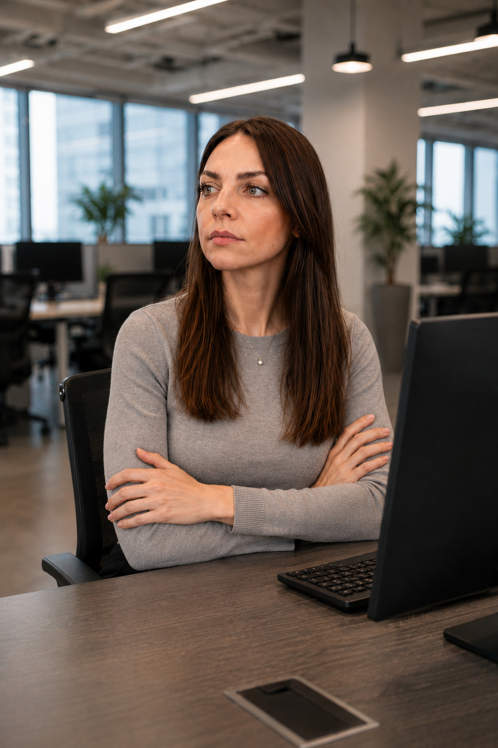 Sitting at a desk arms crossed, looking away from the screen