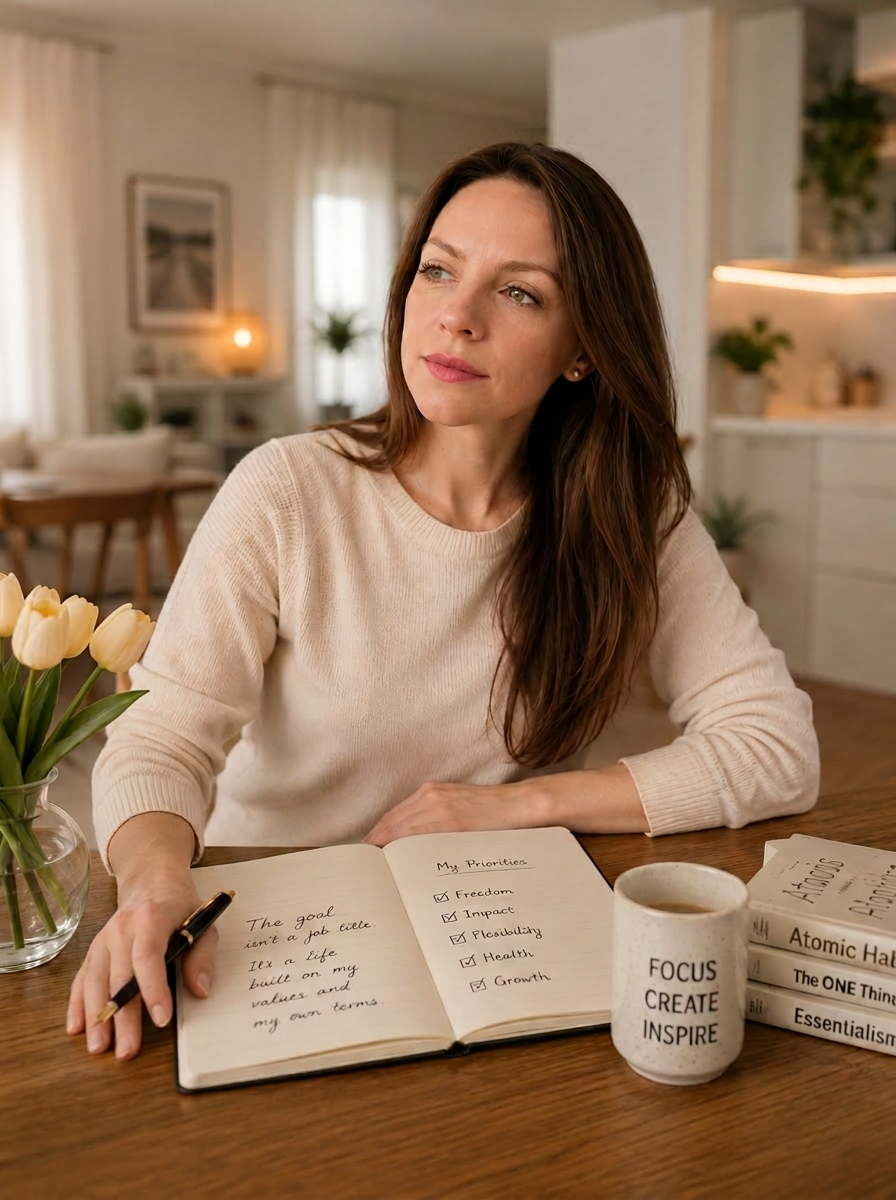 Ivelina writing in a journal at home beside a mug and books